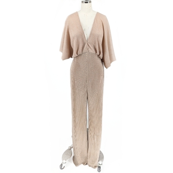 NEW ASTR Sparkle Ribbed Jumpsuit Beige M party cocktail holiday preppy glam - Picture 1 of 10
